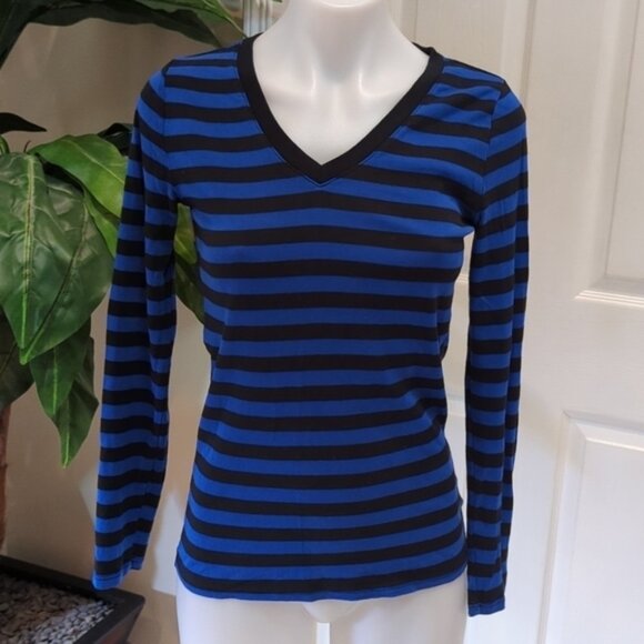 🐢Merona Women's Striped Long Sleeve Fitted V-Neck Top Size XS - Picture 1 of 4